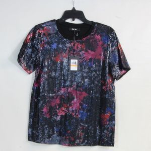 DKNY Multicolor City Lights Embellished Sequin Short Sleeve Blouse Size …